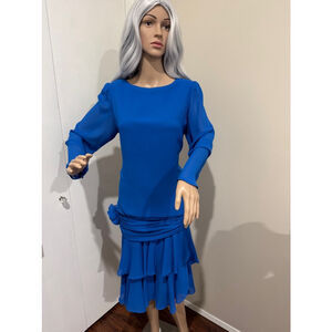 Vintage 80’s Unbranded lined drop waist Dress w/rosette tiered hem M 10/12, Blue